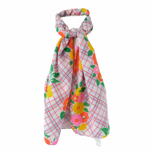 Vintage Rectangular Neck Scarf Bright Floral Grid Plaid Pink Yellow Orange
